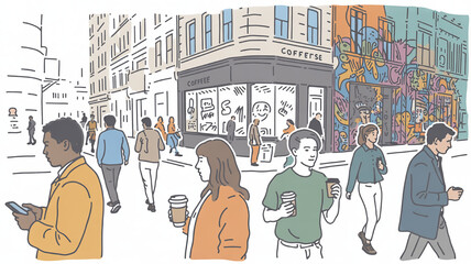 Diverse people walking on a city street with coffee and phones urban lifestyle illustration with graffiti art on building concept for daily commute and modern life © Tanzeel