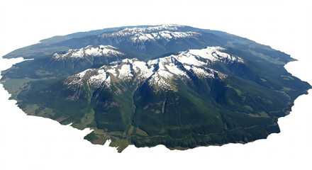 Fototapeta premium Vue aerienne panoramique montagnes enneigees cimes majestueuses forets verdoyantes sous un ciel lumineux nature pure. AI Generated