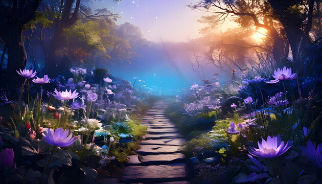 A surreal, beautiful scene reminiscent of a fairytale world at dawn