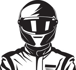 Racing Driver in Helmet and Suit - Black and White Vector Illustration