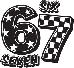 Decorative Numbers Six and Seven with Text, Black and White Vector Graphic