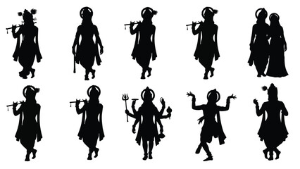 Obraz premium Set of 10 Hindu gods and goddesses black silhouette vector icons