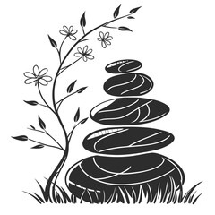 Zen Stone Balance Stack with Delicate Floral Branch and Grass Line Art