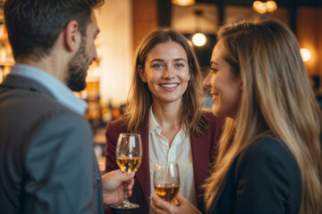 A happy group of European business friends in a casual setting after work, where professionals raise glasses at a stylish bar, laugh and share stories