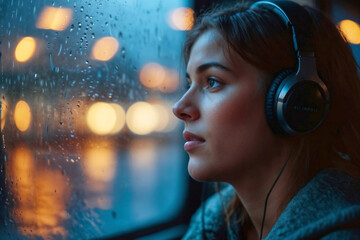 A woman wearing headphones is looking out the window of a bus. The scene is set in the evening, with the lights of the city visible in the background. The woman is lost in thought