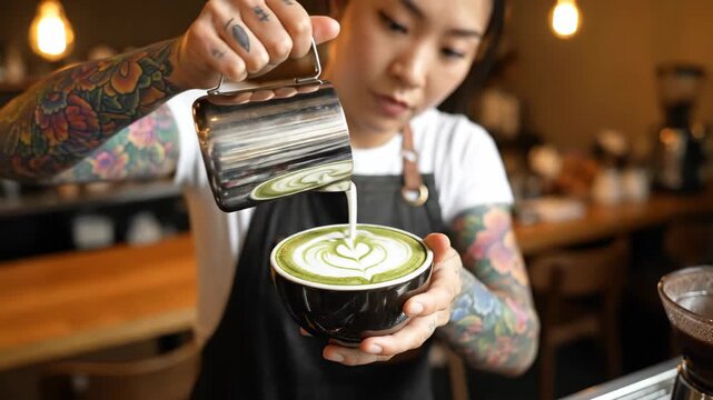 Tattooed Barista Creates Latte Art Pouring Milk Into Matcha Green Tea Cup Indoors