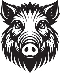 Stylized Black and White Illustration of a Fierce Boar Head with Sharp Lines and Tribal Elements