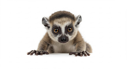 Adorable b�b� l�murien aux yeux p�tillants pose avec curiosit� sur un fond blanc pur �clair� parfaitement en studio. AI Generated