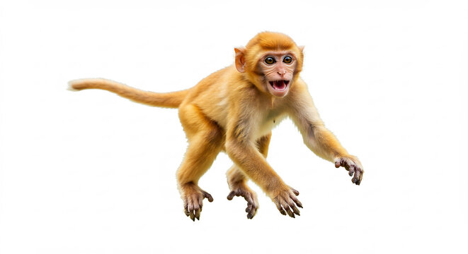 Jeune singe roux vif bondissant sur fond blanc lumineux une pose dynamique bien eclair�e. AI Generated