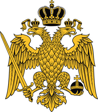 Golden double headed eagle heraldic emblem with imperial crowns holding a sword and orb on white background