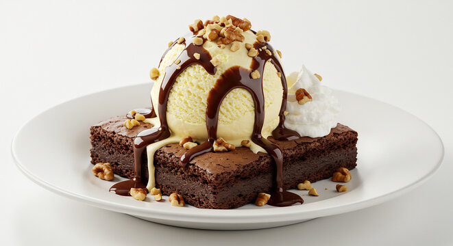 D�licieux brownie chaud servi avec une boule de cr�me glac�e vanille sauce chocolat noix concass�es sous lumi�re vive et nette. AI Generated