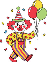 Naklejka premium Happy April Fool's Day celebration vector illustration with funny clown in colorful costume holding balloons and confetti isolated on white background.