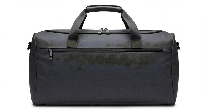 Duffel bag de voyage noir contemporain au design �pur� sur fond blanc isolant son esth�tique moderne. AI Generated