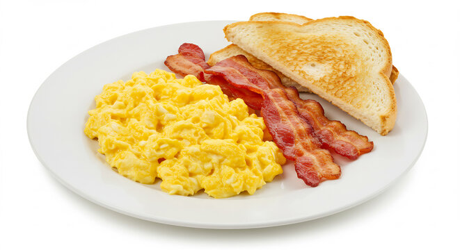 Petit d�jeuner app�tissant �ufs brouill�s moelleux bacon dor� pain toast�. La lumi�re vive �claire parfaitement chaque d�tail.. AI Generated