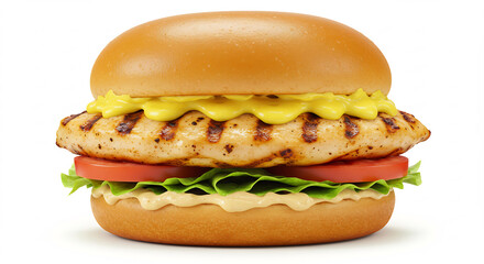 Burger de poulet grill� parfaitement dor� avec laitue fra�che tomate juteuse et moutarde brillante eclaire avec precision. AI Generated
