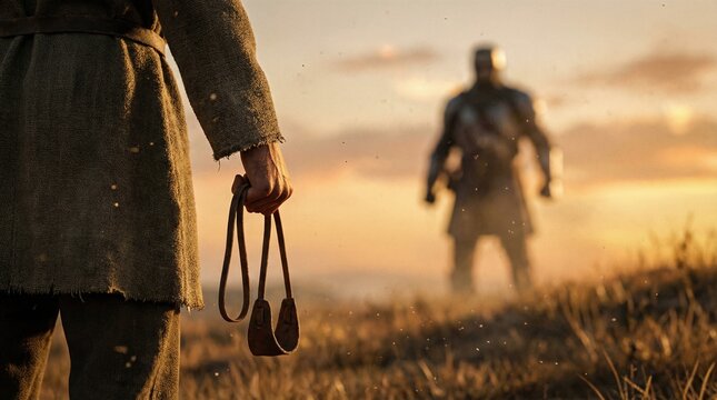 Man prepared for battle, holding a sling, facing a giant warrior. David and Goliath biblical story. Perseverance and courage concept.