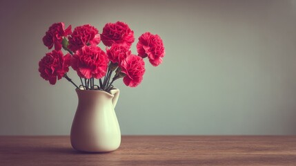 Obraz premium Vibrant Pink Carnations in Elegant Cream Pitcher on Wooden Table Against Soft Neutral Background for Floral Decor and Home Aesthetics