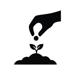 Fototapeta premium Black solid vector icon of seed planting, hand dropping seed into soil with sprout, minimalist flat icon design