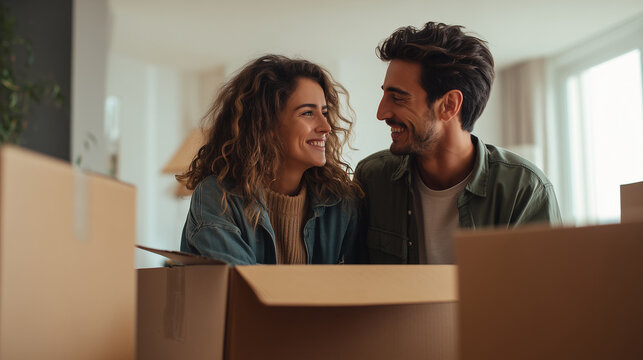A heartwarming editorial portrait of a young, happy couple laughing and looking at each other while unpacking cardboard boxes in their new sunlit home. - Powered by Adobe