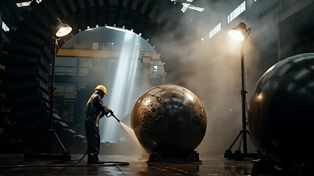 Industrial worker in protective gear intensely power washing a massive, spherical metal object inside a cavernous factory setting under dramatic artificial lighting.