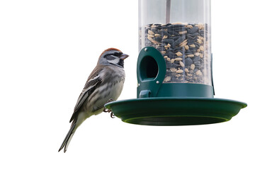 Finch Bird on Feeder on White Background, Wildlife Isolated Image