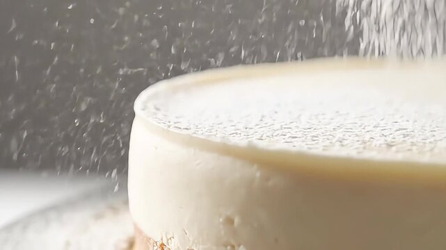 Powdered sugar dusting creamy cheesecake dessert closeup slow motion