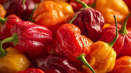 Fresh spicy red and orange habanero chili peppers close up texture