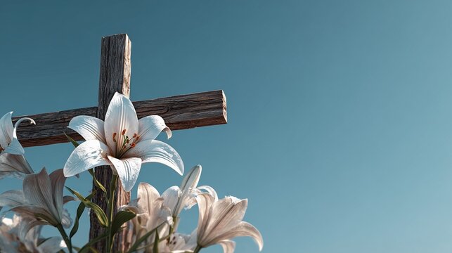 Wooden Christian cross with white lilies against teal blue sky
