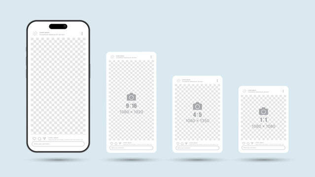 Smartphone Social Media Mockup Set with Multiple Aspect Ratios, Mobile App UI Content Templates for Feed, Story, Square and Digital Ad Layouts Vector Illustration