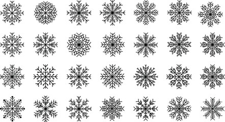 Big collection of distinct linear black snowflake vector icons set isolated on white background for winter holiday Christmas decoration and New Year seasonal design elements.