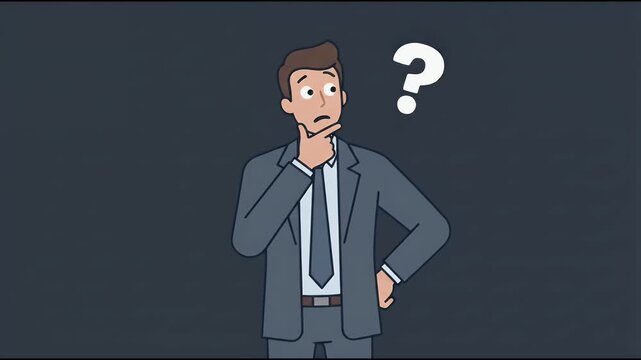 Confused businessman thinking with question mark looking for solution