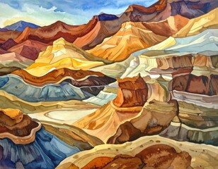 Watercolor Painting of Colorful Layered Mountain Landscape