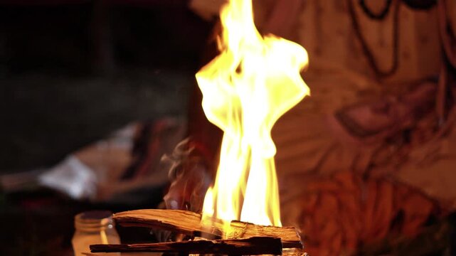 Close Up of Holy Fire Burning in Traditional Ritual With Cow Clarified Butter (Ghee).