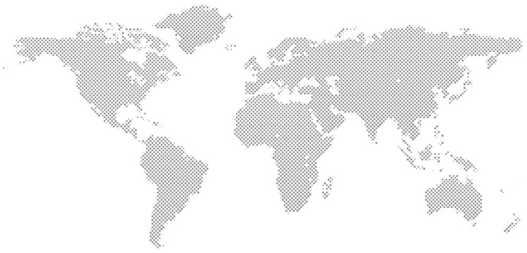 World map illustration gray dotted continents on white background