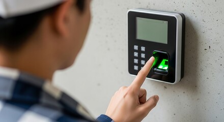 A person's hand scanning a fingerprint on a biometric time clock or access control system mounted on a wall, indicating secure entry or attendance tracking.
