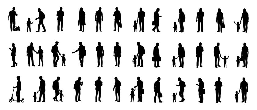 Set of 32 human silhouettes showing adults and children in walking, standing, holding hands and daily movement poses.
Ideal for urban design, family concepts, architecture plans, social and lifestyle 