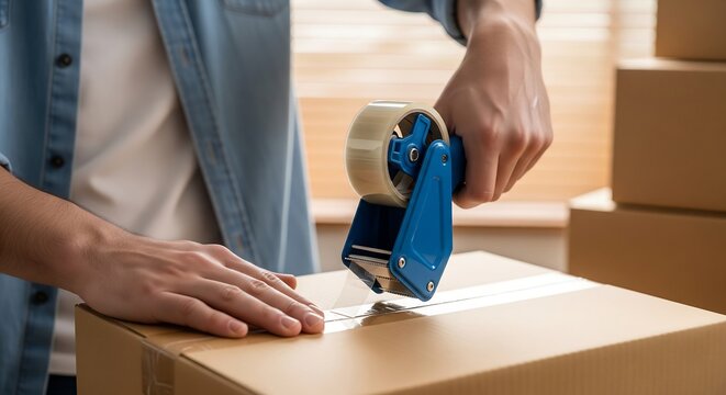 A person is using a tape dispenser to seal a cardboard box, preparing it for shipping or storage. - Powered by Adobe