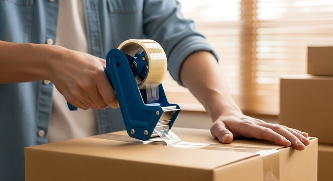 A person is sealing a cardboard box with packing tape using a dispenser, preparing for shipping or storage.