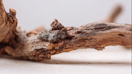 Close-up View of a Natural Weathered Branch Displaying Intricate Textures and Details on a Soft Background for Nature and Wood-themed Projects