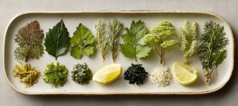 Bitter Herbs and Lemon on a Table with Soft Background