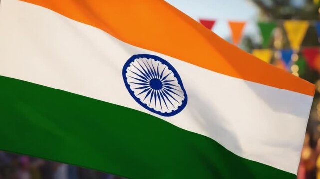 Indian Flag Waving Proudly with Festive Bunting in the Background, Symbolizing National Pride