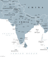 South Asia, a subregion of Asia, gray political map with borders, capitals and large cities. The states India, Pakistan, Afghanistan, Nepal, Bhutan, Bangladesh, Sri Lanka, and the Maldives. Vector © Peter Hermes Furian