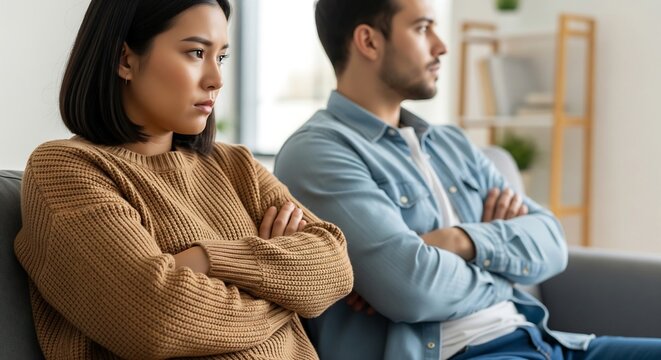 A couple sitting on a couch with their arms crossed, looking away from each other with expressions of frustration and disappointment.