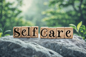 Wooden blocks with a natural grain texture spell out the words SELF CARE on a rugged, gray rock with a blurred green nature background