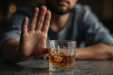 Sad man is holding up his hand to stop someone from drinking alcohol. Concept of responsibility and concern for the person's well-being