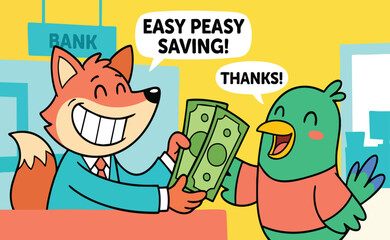 Obraz premium Illustration of a smiling fox bank teller handing cash to a cheerful bird customer at a bank counter indoors