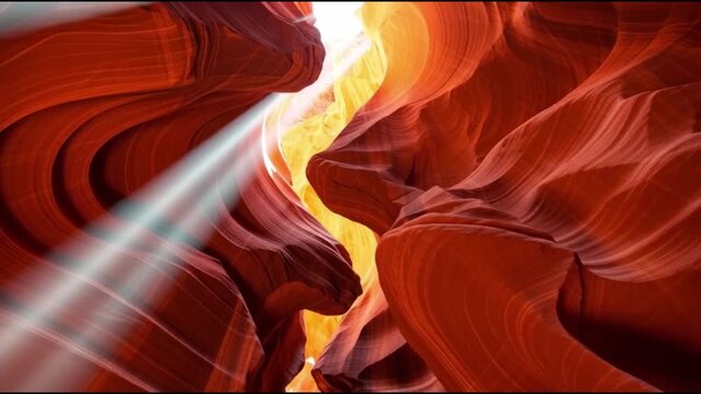 Sunlight beams through the narrow passage of a deep red rocky canyon from a high vantage point