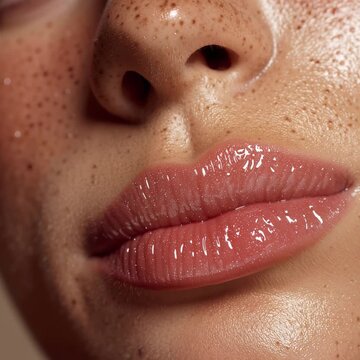 Primer plano de labios con brillo labial y pecas.