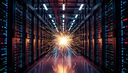 Futuristic technology visualization displays malware infiltration across network system cores