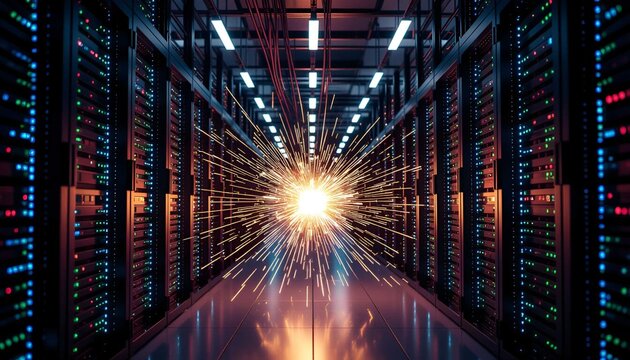 Futuristic technology visualization displays malware infiltration across network system cores - Powered by Adobe